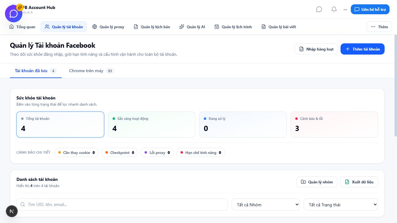 Màn hình quản lý tài khoản Facebook