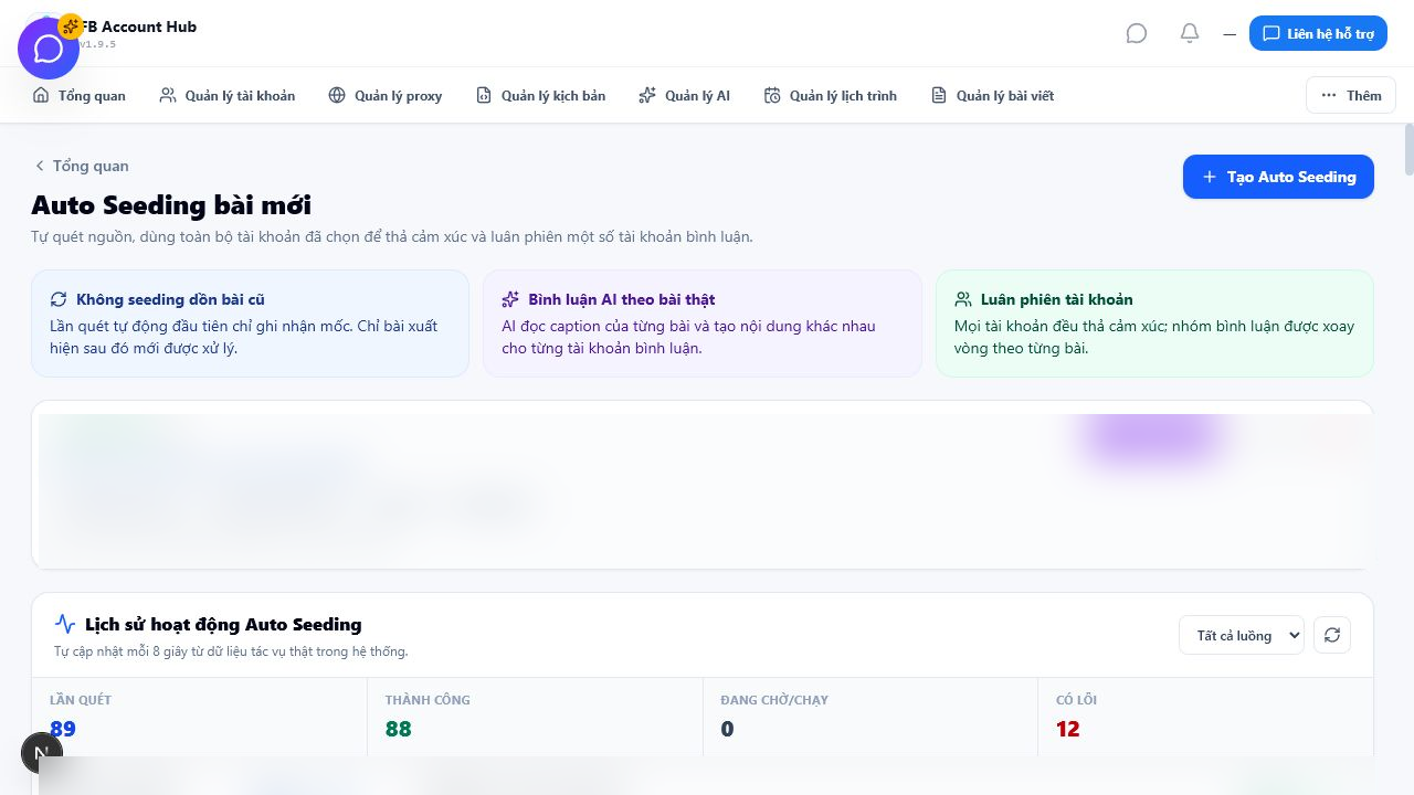 Màn hình Auto Seeding Facebook