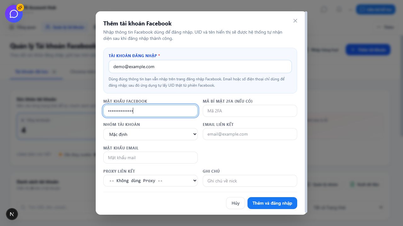 Màn hình thêm tài khoản vào FB Auto